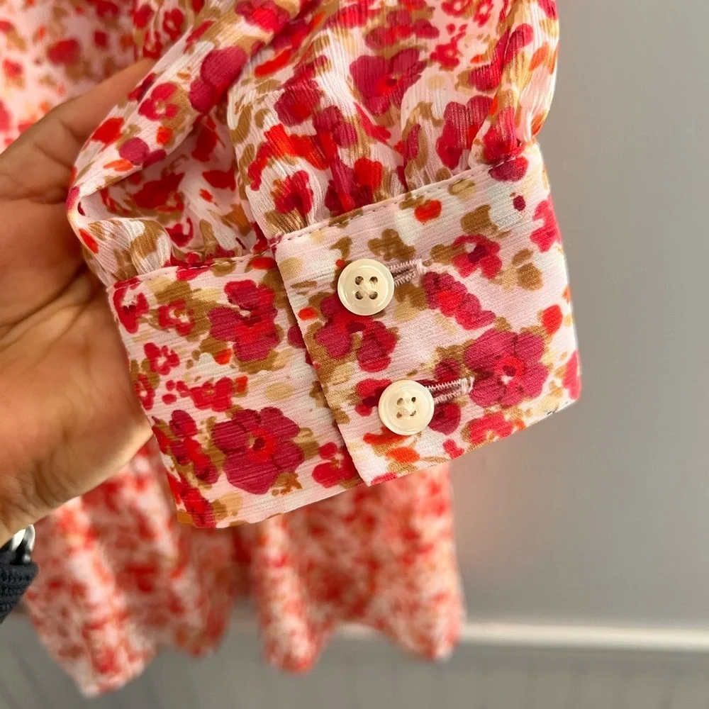 J. Crew Red and White Tiered Bishop Sleeve Dress